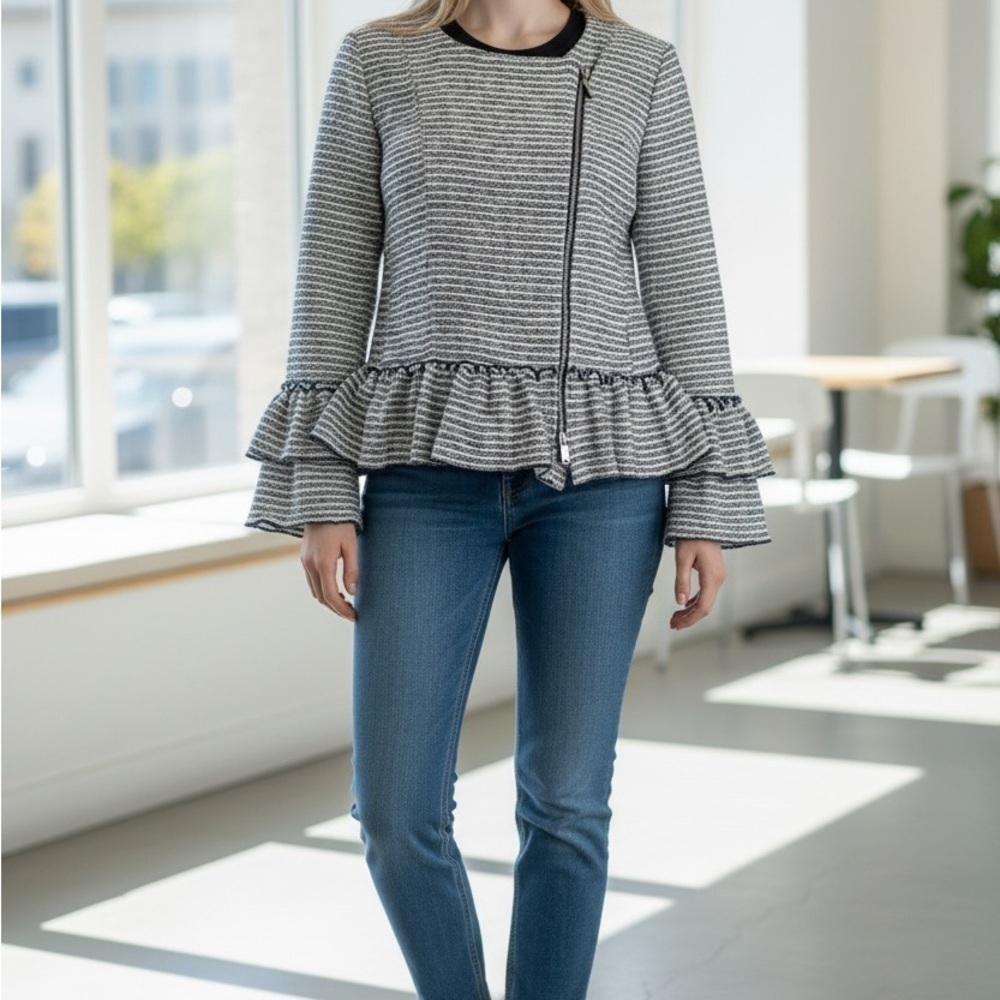 [US10]Banana Republic Navy White Textured Peplum Jacket